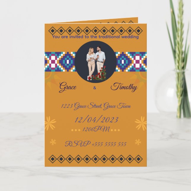 Convite African Wedding Invitation | Gold & Kente Pattern  (Frente)