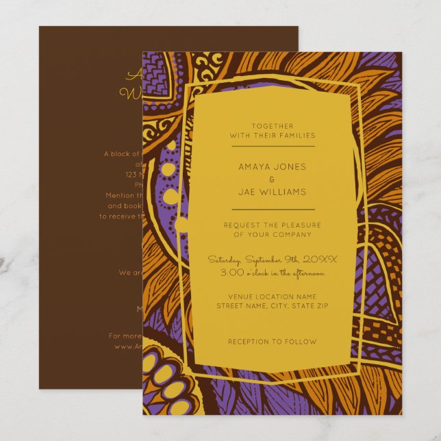 Convite Africano para Casamento Floral Roxo de Anc (Frente/Verso)