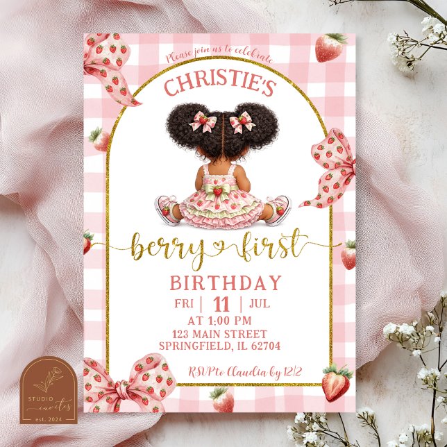 Convite afro african Girl Pink Bow strawberry berry first  (Criador carregado)