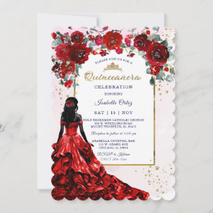 Convite Afro-Americana Quinceañera Vermelha e Dourada