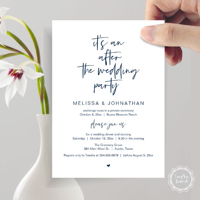 Convite After the wedding, Black, Elopement Party (It's an after the wedding, Elopement dinner dancing brunch Party Invitation Card PDF Navy Blue)