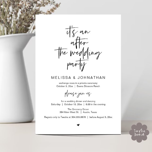 Convite After the wedding, Black, Elopement Party (It's an after the wedding, Elopement dinner dancing brunch Party Invitation Card PDF Black White)