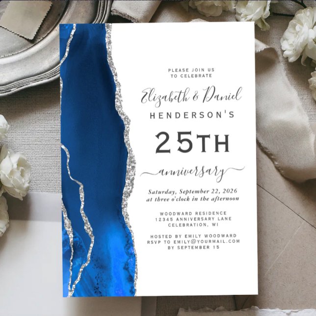 Convite Ágata Azul Real Prata 25º Aniversário (Criador carregado)