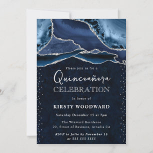 Convite Ágata Brilhante Azul e Prata Quinceanera