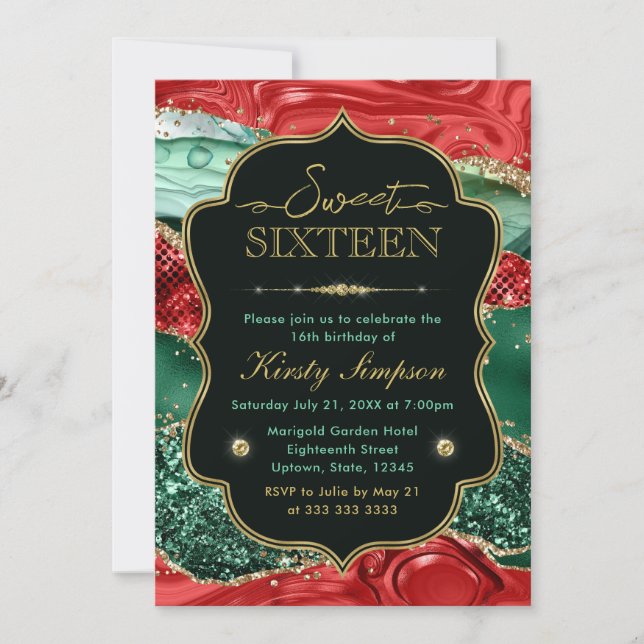 Convite Ágata de Natal Mármore e Brilho Dourado Sweet 16 (Frente)