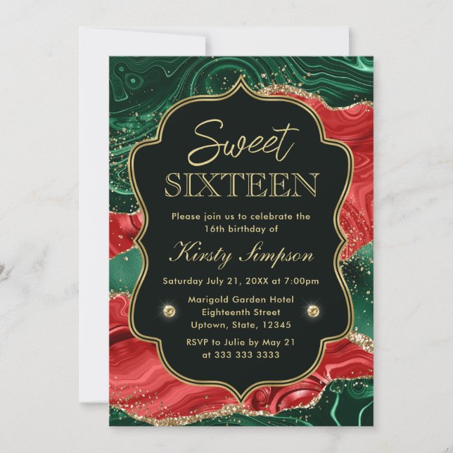 Convite Ágata de Natal Mármore e Glitter Dourado Sweet 16 (Frente)