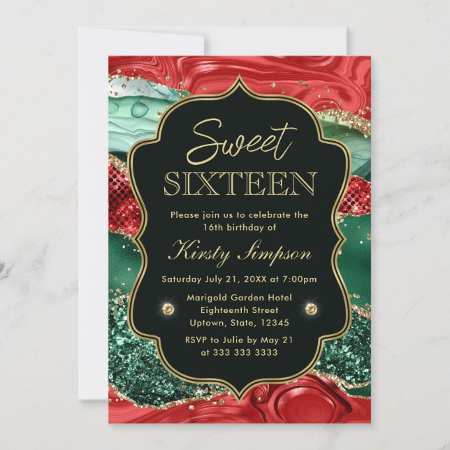 Convite Ágata de Natal Mármore e Glitter Dourado Sweet 16 (Frente)
