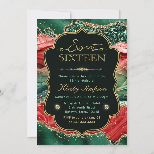 Convite Ágata de Natal Mármore e Glitter Dourado Sweet 16 (Frente)