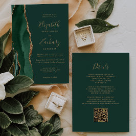 Convite Ágata Dourada Esmeralda Verde Código QR Casamento