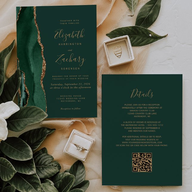 Convite Ágata Dourada Esmeralda Verde Código QR Casamento (Criador carregado)