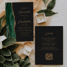 Convite Ágata Dourada Esmeralda Verde Código QR Casamento 