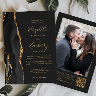 Convite Ágata Dourada Preta Código QR Foto Casamento Escur
