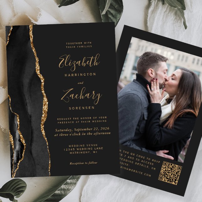 Convite Ágata Dourada Preta Código QR Foto Casamento Escur (Criador carregado)