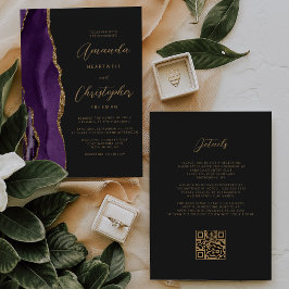 Convite Ágata Dourada Roxa Código QR Casamento Escuro