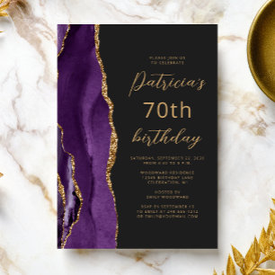 Convite Ágata Dourada Roxa Lousa Caligrafia 70º Aniversári