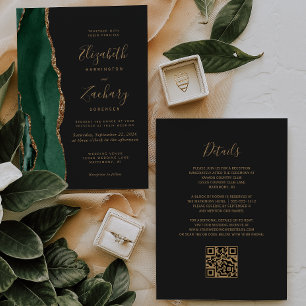 Convite Ágata Esmeralda Verde Dourado Ardósia Código QR Ca