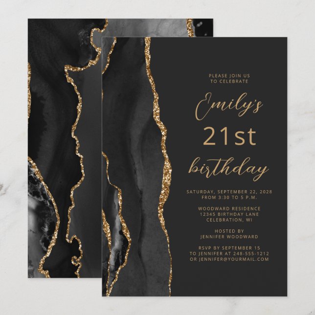 Convite Ágata Ouro Preto Ardósia Script Aniversário de 21  (Frente/Verso)