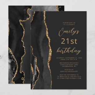 Convite Ágata Ouro Preto Ardósia Script Aniversário de 21 