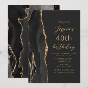 Convite Ágata Preta Lousa Script 40º Aniversário