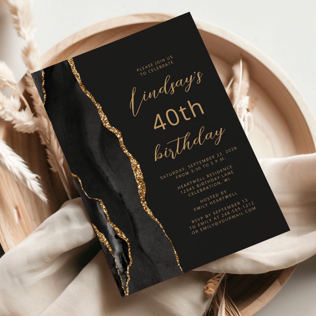 Convite Ágata Preta Lousa Script 40º Aniversário (Criador carregado)