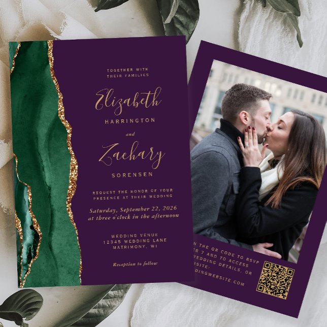 Convite Ágata Verde Esmeralda Roxo Código QR Foto Casament (Criador carregado)