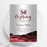 Convite Agate 50ª Festa de aniversário Red Silver Burgundy<br><div class="desc">Vermelho borrado e prata agam 50º convite de aniversário. Elegante design moderno com aquarela agate marble geode background,  faux glitter prata e tipografia. Trendy convida o cartão perfeito para uma comemoração de dia das mulheres na moda. Impressos convites Zazzle ou modelo de impressão digital instantânea para download.</div>