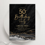 Convite Agate Black 50th Birthday<br><div class="desc">Preto e ouro agata 50º convite de aniversário. Elegante design moderno com aquarela agate marble geode background,  faux glitter gold e typografia script font. Trendy convida o cartão perfeito para uma comemoração de dia das mulheres na moda. Impressos convites Zazzle ou modelo de impressão digital instantânea para download.</div>