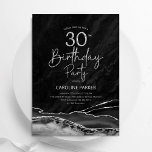 Convite Agate Black Silver aniversário de 30 anos<br><div class="desc">Convite de festas aniversário de 30 anos preto e prateado. Elegante design moderno com aquarela agate marble geode background,  faux glitter prata e tipografia. Trendy convida o cartão perfeito para uma comemoração de dia das mulheres na moda. Impressos convites Zazzle ou modelo de impressão digital instantânea para download.</div>