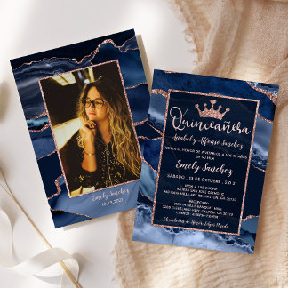Convite Agate Blue Rosa Dourado Quinceañera Foto Espanhola