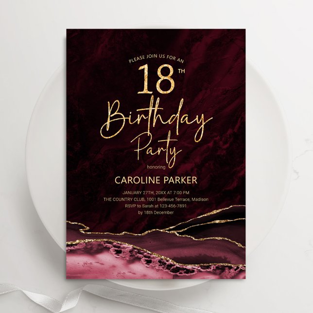 Convite Agate Burgundy Dourado 18º aniversário (Criador carregado)
