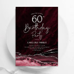Convite Agate Burgundy Silver 60º Aniversário<br><div class="desc">Borgonha e prata agatam 60º convite de aniversário. Elegante design moderno, com a cor da água do vinho tinto-escuro de marsala agate geode background, faux glitter prata e tipografia. Trendy convida o cartão perfeito para uma comemoração de dia das mulheres na moda. Impressos convites Zazzle ou modelo de impressão digital...</div>