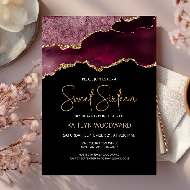 Convite Agate Dourado Burgundy Dark Sweet 16 Festa de aniv (Criador carregado)
