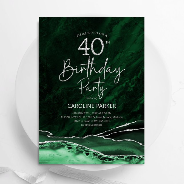 Convite Agate Emerald Green Silver aniversário de 40 anos (Criador carregado)