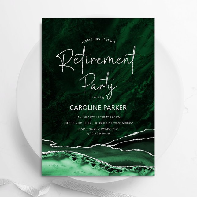 Convite Agate Emerald Green Silver Retirement Party (Criador carregado)