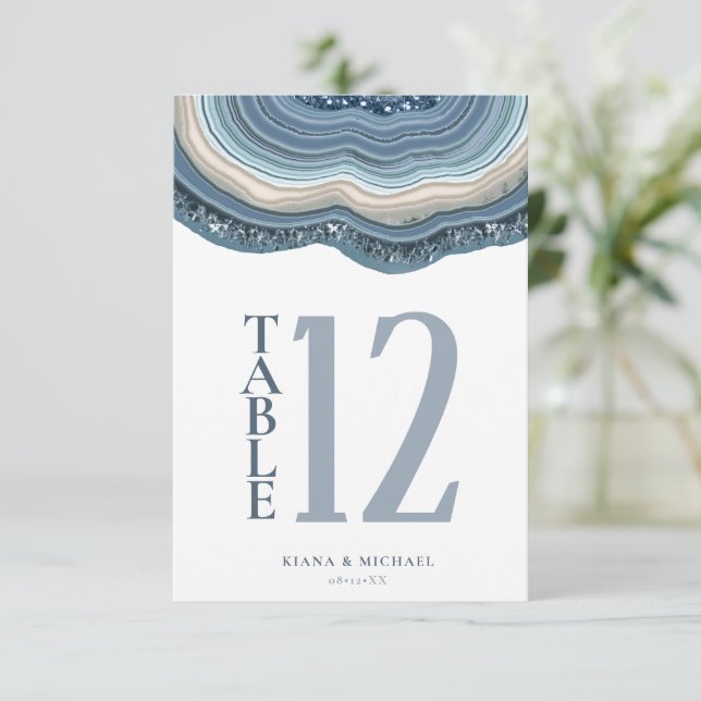 Convite Agate Geode Glitter Table Number Dusty Blue ID647 (Em pé/Frente)