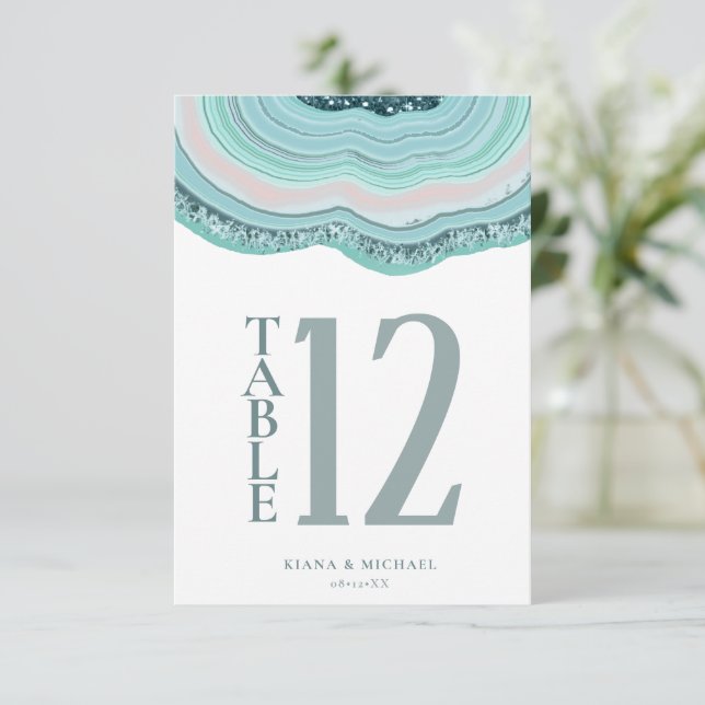Convite Agate Geode Glitter Table Number Teal ID647 (Em pé/Frente)