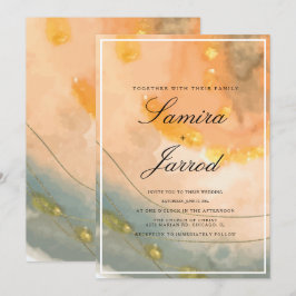 Convite Agate Peach Hand Watercolor e Faux Dourado Wedes