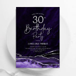 Convite Agate Purple aniversário de 30 anos<br><div class="desc">Aniversário de 30 anos convite de festas de agato roxo e prateado. Elegante design moderno com aquarela agate marble geode background, faux glitter prata e tipografia. Trendy convida o cartão perfeito para uma comemoração de dia das mulheres na moda. Impressos convites Zazzle ou modelo de impressão digital instantânea para download....</div>