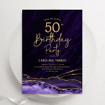 Convite Agate Purple Dourado 50º aniversário<br><div class="desc">Roxo e ouro agam 50º convite de aniversário. Elegante design moderno com aquarela agate marble geode background,  faux glitter gold e typografia script font. Trendy convida o cartão perfeito para uma comemoração de dia das mulheres na moda. Impressos convites Zazzle ou modelo de impressão digital instantânea para download.</div>