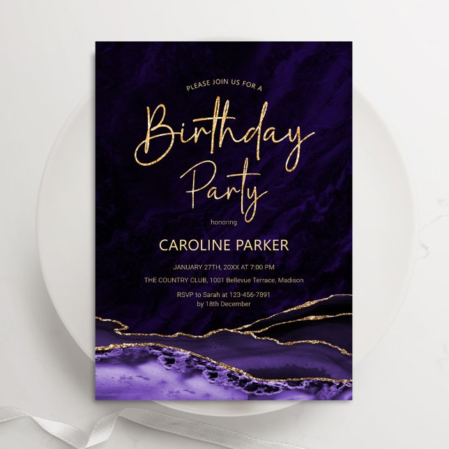 Convite Agate Roxo Aniversário Dourado Qualquer Idade (Criador carregado)