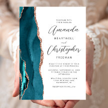 Agate Teal Rose Gold Script Wedding