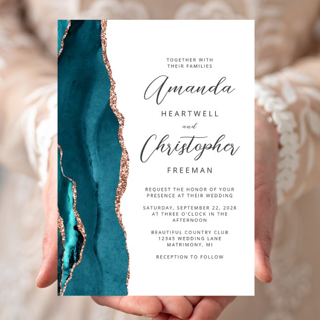 Convite Agate Teal Rose Gold Script Wedding (Criador carregado)