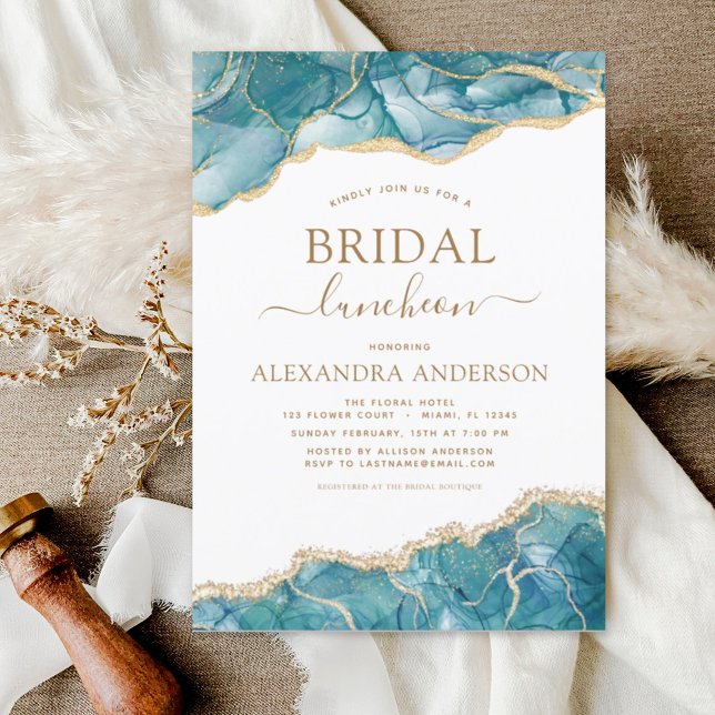 Convite Agate Turquoise Chá de panela Luncheon Teal Dourad (Criador carregado)