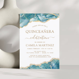 Convite Agate Turquoise Quinceañera Teal Dourado Blue Inv
