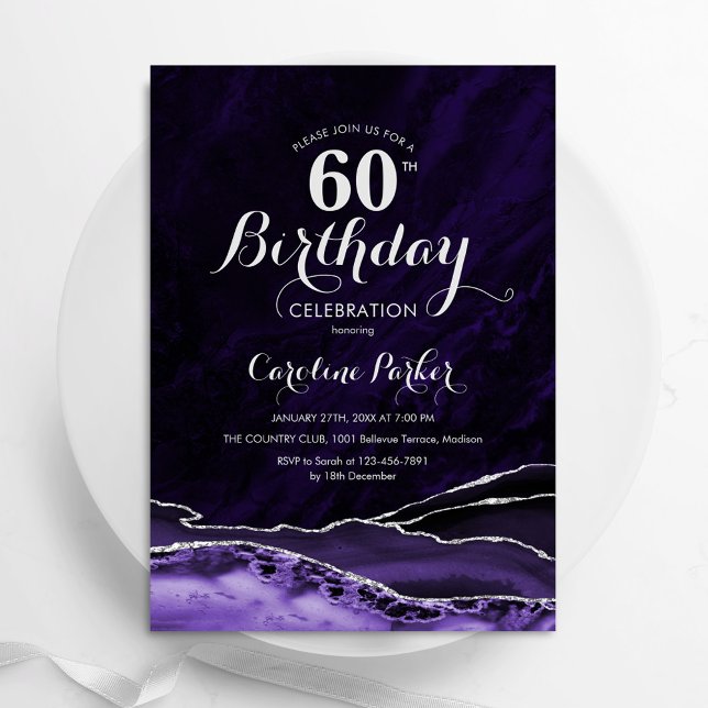 Convite Agato de Prata Roxo Marble 60º Aniversário (Criador carregado)