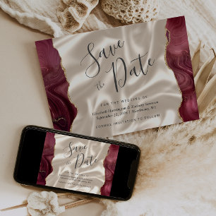 Convite Agato Vermelho Borgonha Ivory Silk Salvar Data