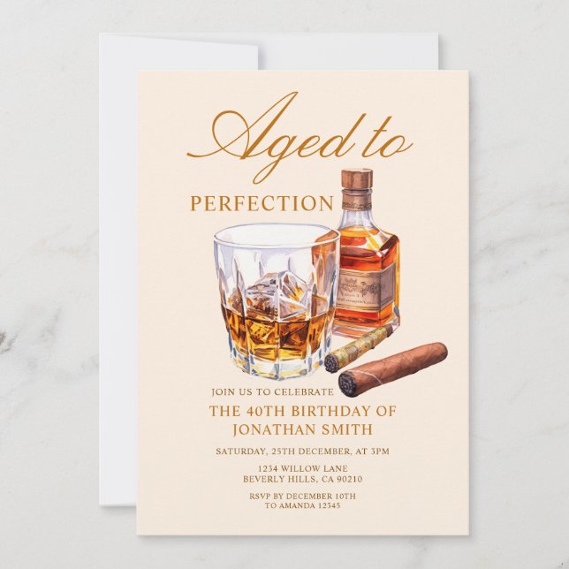 Convite Aged to Perfection Whiskey Adult Birthday Party (Frente)