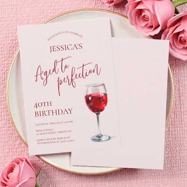 Convite Aged to Perfection Wine Pink 40th Birthday Party (Aged to Perfection Wine Pink 40th Birthday Party Invitation)