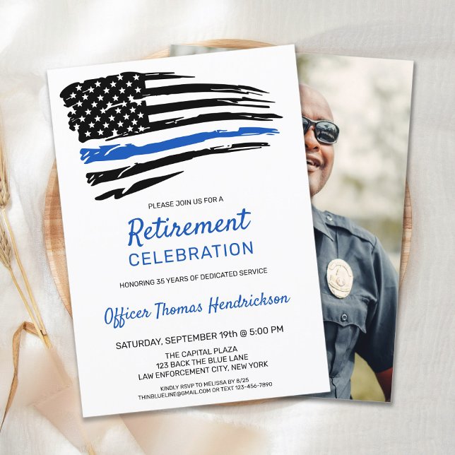 Convite Agente Policial Foto Thin Blue Line Retirement (Criador carregado)