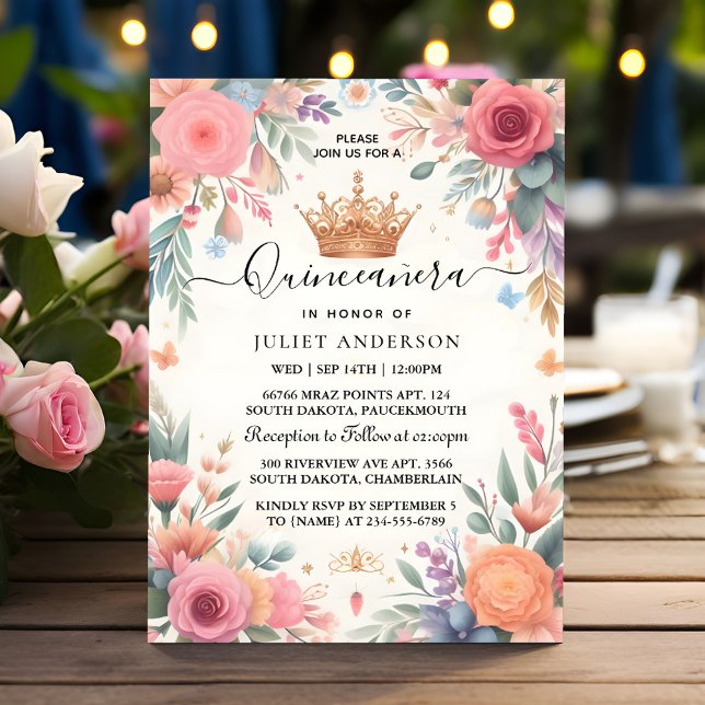 Convite Agora a família Tiara Latina Menina espanhola Quin (Criador carregado)